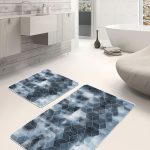 2'li Set Mavi - Krem Zeminde Dokuma Halı Motifli Çiçek Desenli Floral Eskitme Motifli  2'li Banyo & Mutfak Paspas Takımı Realhomes