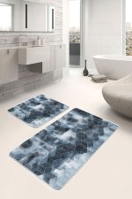 2'li Set Mavi Zeminde Klasik Motifli Geometrik Desenli Geometrik Sade & Şık  2'li Banyo & Mutfak Paspas Takımı Realhomes