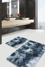 2'li Set Mavi Zeminde Klasik Motifli Geometrik Desenli Geometrik Sade & Şık  2'li Banyo & Mutfak Paspas Takımı Realhomes