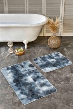 2'li Set Mavi Zeminde Klasik Motifli Geometrik Desenli Geometrik Sade & Şık  2'li Banyo & Mutfak Paspas Takımı Realhomes