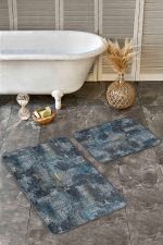 - Realhomes - Realhomes  2'li Set Lacivert Zeminde Eskitme Motifli Etnik Desenli Eskitme Motifli Vintage  2'li Banyo & Mutfak Paspas Takımı Realhomes