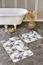 - Realhomes - Realhomes  2'li Set Ekru Zeminde Üçgen Motifli Geometrik Desenli Eskitme Motifli Vintage  2'li Banyo & Mutfak Paspas Takımı Realhomes