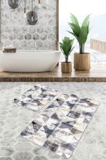 - PaspasTakimi-2li-Set752-Gorsel-5 - Realhomes  2'li Set Ekru Zeminde Üçgen Motifli Geometrik Desenli Eskitme Motifli Vintage  2'li Banyo & Mutfak Paspas Takımı Realhomes