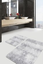 2'li Set Gri Zeminde Etnik Motifli Geleneksel Desenli Geometrik Eskitme Motifli  2'li Banyo & Mutfak Paspas Takımı Realhomes
