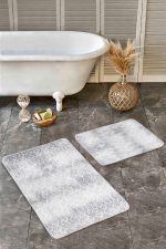 2'li Set Gri Zeminde Etnik Motifli Geleneksel Desenli Geometrik Eskitme Motifli  2'li Banyo & Mutfak Paspas Takımı Realhomes