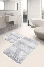 2'li Set Gri Zeminde Etnik Motifli Geleneksel Desenli Geometrik Eskitme Motifli  2'li Banyo & Mutfak Paspas Takımı Realhomes