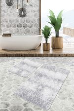 2'li Set Gri Zeminde Etnik Motifli Geleneksel Desenli Geometrik Eskitme Motifli  2'li Banyo & Mutfak Paspas Takımı Realhomes