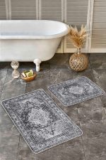 - Realhomes - Realhomes  2'li Set Gri Zeminde Yöresel Motifli Eskitme Desenli Avangarde Eskitme Motifli  2'li Banyo & Mutfak Paspas Takımı Realhomes
