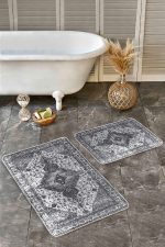 - Realhomes - Realhomes  2'li Set Gri Zeminde Etnik Motifli Antik Desenli Vintage Eskitme Motifli  2'li Banyo & Mutfak Paspas Takımı Realhomes