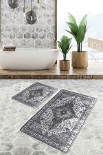 - PaspasTakimi-2li-Set755-Gorsel-4 - Realhomes  2'li Set Gri Zeminde Etnik Motifli Antik Desenli Vintage Eskitme Motifli  2'li Banyo & Mutfak Paspas Takımı Realhomes