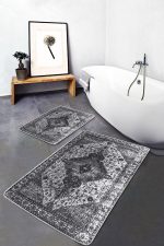 - PaspasTakimi-2li-Set755-Gorsel-5 - Realhomes  2'li Set Gri Zeminde Etnik Motifli Antik Desenli Vintage Eskitme Motifli  2'li Banyo & Mutfak Paspas Takımı Realhomes