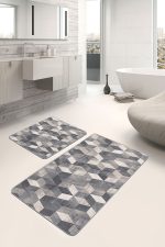 2'li Set Bej - Gri Zeminde Örgü Motifli Geometrik Desenli Geometrik Eskitme Motifli  2'li Banyo & Mutfak Paspas Takımı Realhomes