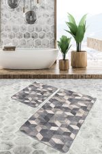 2'li Set Bej - Gri Zeminde Örgü Motifli Geometrik Desenli Geometrik Eskitme Motifli  2'li Banyo & Mutfak Paspas Takımı Realhomes