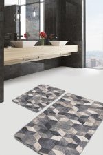 2'li Set Bej - Gri Zeminde Örgü Motifli Geometrik Desenli Geometrik Eskitme Motifli  2'li Banyo & Mutfak Paspas Takımı Realhomes
