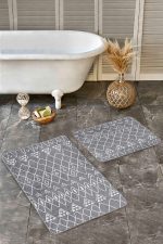 - Realhomes - Realhomes  2'li Set Gri Zeminde Geleneksel Motifli Etnik Desenli Etnik Motifler Vintage  2'li Banyo & Mutfak Paspas Takımı Realhomes