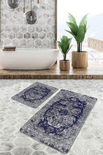 - PaspasTakimi-2li-Set758-Gorsel - Realhomes  2'li Set Mavi - Gri Zeminde Antik Motifli İran Desenli Avangarde Eskitme Motifli  2'li Banyo & Mutfak Paspas Takımı Realhomes