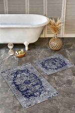 - Realhomes - Realhomes  2'li Set Mavi - Gri Zeminde Antik Motifli İran Desenli Avangarde Eskitme Motifli  2'li Banyo & Mutfak Paspas Takımı Realhomes