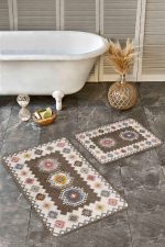 - Realhomes - Realhomes  2'li Set Kahverengi Zeminde Etnik Motifli Kilim Desenli Avangarde Vintage  2'li Banyo & Mutfak Paspas Takımı Realhomes