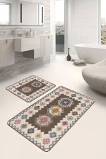 - PaspasTakimi-2li-Set759-Gorsel-2 - Realhomes  2'li Set Kahverengi Zeminde Etnik Motifli Kilim Desenli Avangarde Vintage  2'li Banyo & Mutfak Paspas Takımı Realhomes