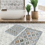 2'li Set Gold - Krem Zeminde Çerçeveli Motifli Eskitme Desenli Geometrik Klasik  2'li Banyo & Mutfak Paspas Takımı Realhomes