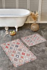 - Realhomes - Realhomes  2'li Set Çok Renkli Zeminde Kilim Motifli Pers Desenli Vintage Avangarde  2'li Banyo & Mutfak Paspas Takımı Realhomes