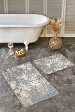 - Realhomes - Realhomes  2'li Set Gri - Krem Zeminde Eskitme Motifli Dokuma Halı Desenli Eskitme Motifli Vintage  2'li Banyo & Mutfak Paspas Takımı Realhomes