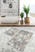 - PaspasTakimi-2li-Set763-Gorsel-5 - Realhomes  2'li Set Gri - Krem Zeminde Eskitme Motifli Dokuma Halı Desenli Eskitme Motifli Vintage  2'li Banyo & Mutfak Paspas Takımı Realhomes