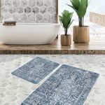 2'li Set Ekru - Mavi Zeminde Otantik Motifli Osmanlı Desenli Avangarde Eskitme Motifli  2'li Banyo & Mutfak Paspas Takımı Realhomes