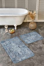 - Realhomes - Realhomes  2'li Set Mavi Zeminde Göbekli Halı Motifli Etnik Desenli Eskitme Motifli Avangarde  2'li Banyo & Mutfak Paspas Takımı Realhomes