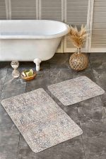 - Realhomes - Realhomes 2'li Set Krem Zeminde Bohem Motifli Eskitme Desenli Etnik Motifler Vintage 2'li Banyo & Mutfak Paspas Takımı Realhomes