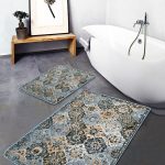 2'li Set Mavi - Gri Zeminde Antik Motifli İran Desenli Avangarde Eskitme Motifli  2'li Banyo & Mutfak Paspas Takımı Realhomes