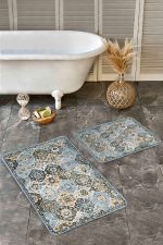 - Realhomes - Realhomes 2'li Set Mavi Zeminde Kilim Motifli Uşak Desenli Vintage Avangarde 2'li Banyo & Mutfak Paspas Takımı Realhomes