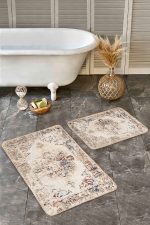 - Realhomes - Realhomes 2'li Set Krem Zeminde Eskitme Motifli Hereke Desenli Eskitme Motifli Avangarde 2'li Banyo & Mutfak Paspas Takımı Realhomes