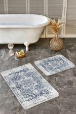 - Realhomes - Realhomes 2'li Set Mavi Zeminde Eskitme Motifli Göbekli Halı Desenli Eskitme Motifli Avangarde 2'li Banyo & Mutfak Paspas Takımı Realhomes