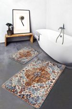2'li Set Kırmızı Zeminde Kilim Motifli İran Desenli Eskitme Motifli Avangarde  2'li Banyo & Mutfak Paspas Takımı Realhomes