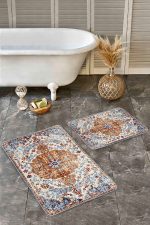 2'li Set Kırmızı Zeminde Kilim Motifli İran Desenli Eskitme Motifli Avangarde  2'li Banyo & Mutfak Paspas Takımı Realhomes