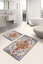 2'li Set Kırmızı Zeminde Kilim Motifli İran Desenli Eskitme Motifli Avangarde  2'li Banyo & Mutfak Paspas Takımı Realhomes