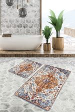 2'li Set Kırmızı Zeminde Kilim Motifli İran Desenli Eskitme Motifli Avangarde  2'li Banyo & Mutfak Paspas Takımı Realhomes