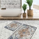 2'li Set Gri - Siyah Zeminde Çerçeveli Motifli Antik Desenli Eskitme Motifli Vintage  2'li Banyo & Mutfak Paspas Takımı Realhomes