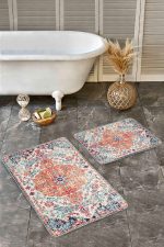 - Realhomes - Realhomes 2'li Set Kırmızı Zeminde Geleneksel Motifli Uşak Desenli Eskitme Motifli Avangarde 2'li Banyo & Mutfak Paspas Takımı Realhomes