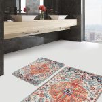 2'li Set Kırmızı - Krem Zeminde Örgü Motifli Etnik Desenli Geometrik Sade & Şık  2'li Banyo & Mutfak Paspas Takımı Realhomes