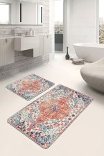 - PaspasTakimi-2li-Set772-Gorsel-2 - Realhomes 2'li Set Kırmızı Zeminde Geleneksel Motifli Uşak Desenli Eskitme Motifli Avangarde 2'li Banyo & Mutfak Paspas Takımı Realhomes