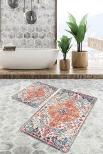 - PaspasTakimi-2li-Set772-Gorsel-4 - Realhomes 2'li Set Kırmızı Zeminde Geleneksel Motifli Uşak Desenli Eskitme Motifli Avangarde 2'li Banyo & Mutfak Paspas Takımı Realhomes