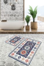 2'li Set Mavi Zeminde Hereke Motifli Otantik Desenli Etnik Motifler Avangarde  2'li Banyo & Mutfak Paspas Takımı Realhomes