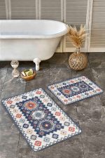 2'li Set Mavi Zeminde Hereke Motifli Otantik Desenli Etnik Motifler Avangarde  2'li Banyo & Mutfak Paspas Takımı Realhomes