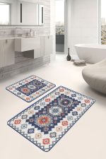 2'li Set Mavi Zeminde Hereke Motifli Otantik Desenli Etnik Motifler Avangarde  2'li Banyo & Mutfak Paspas Takımı Realhomes