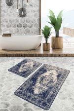 2'li Set Mavi Zeminde Türkmen Motifli Yöresel Desenli Eskitme Motifli Avangarde  2'li Banyo & Mutfak Paspas Takımı Realhomes