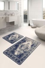 2'li Set Mavi Zeminde Türkmen Motifli Yöresel Desenli Eskitme Motifli Avangarde  2'li Banyo & Mutfak Paspas Takımı Realhomes