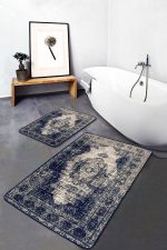 2'li Set Mavi Zeminde Türkmen Motifli Yöresel Desenli Eskitme Motifli Avangarde  2'li Banyo & Mutfak Paspas Takımı Realhomes