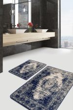 2'li Set Mavi Zeminde Türkmen Motifli Yöresel Desenli Eskitme Motifli Avangarde  2'li Banyo & Mutfak Paspas Takımı Realhomes